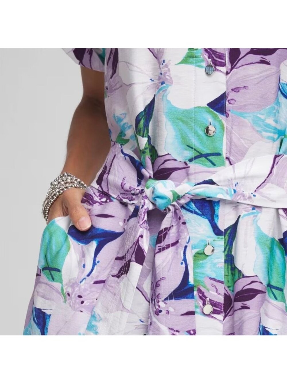 Chicos Women Midi Dress Size XL Floral Belted Shirtdress Tropical Boho Resort - Picture 10 of 16